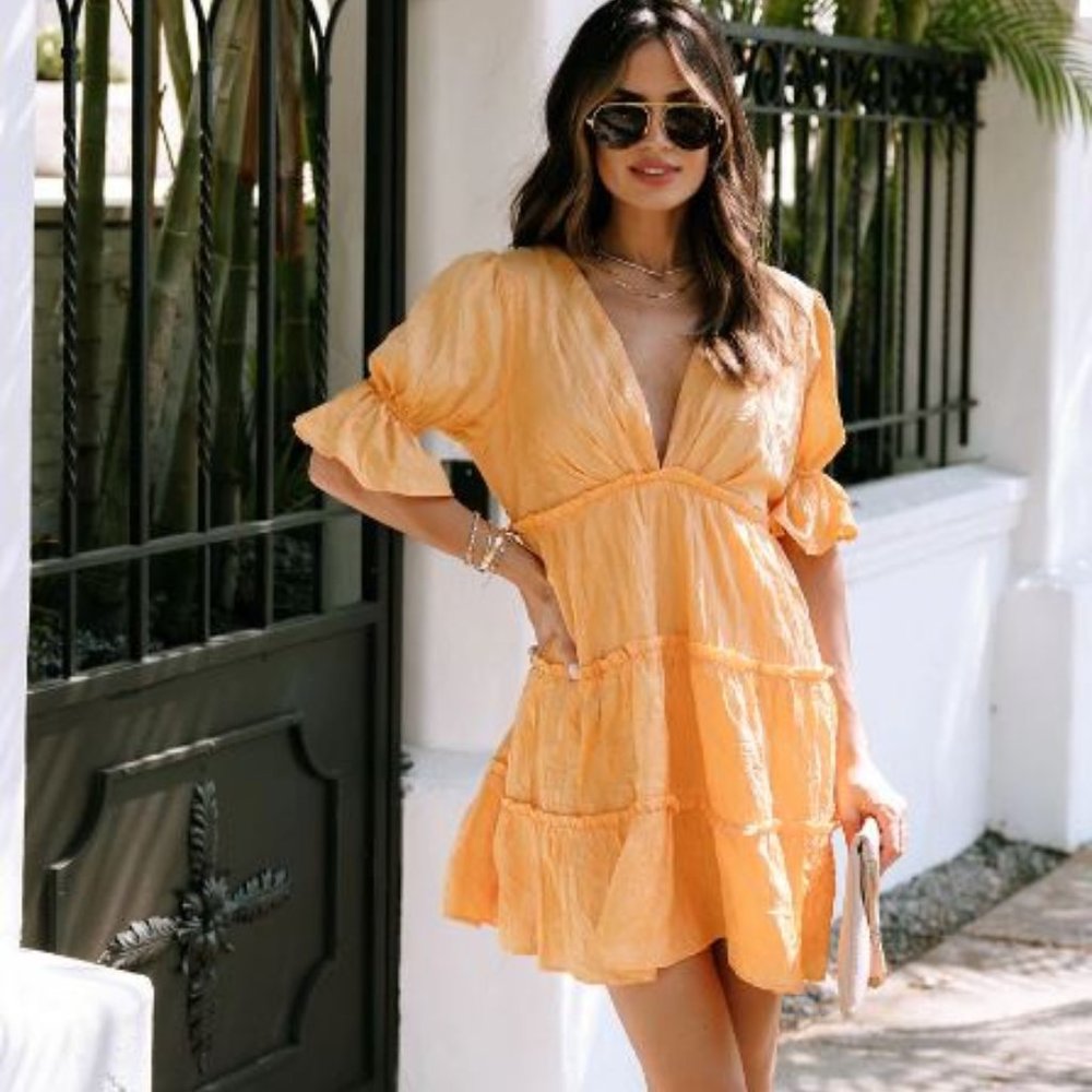 NWT VICI Sana Puff Sleeve Babydoll Dress - Tangerine